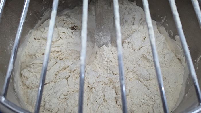 Shaggy dry dough at the start of mixing, barely holding together