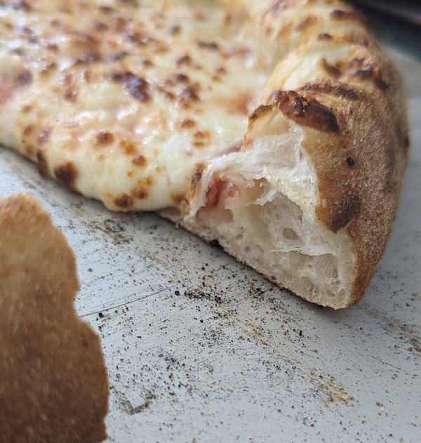 A torn crust showing the open, airy crumb inside